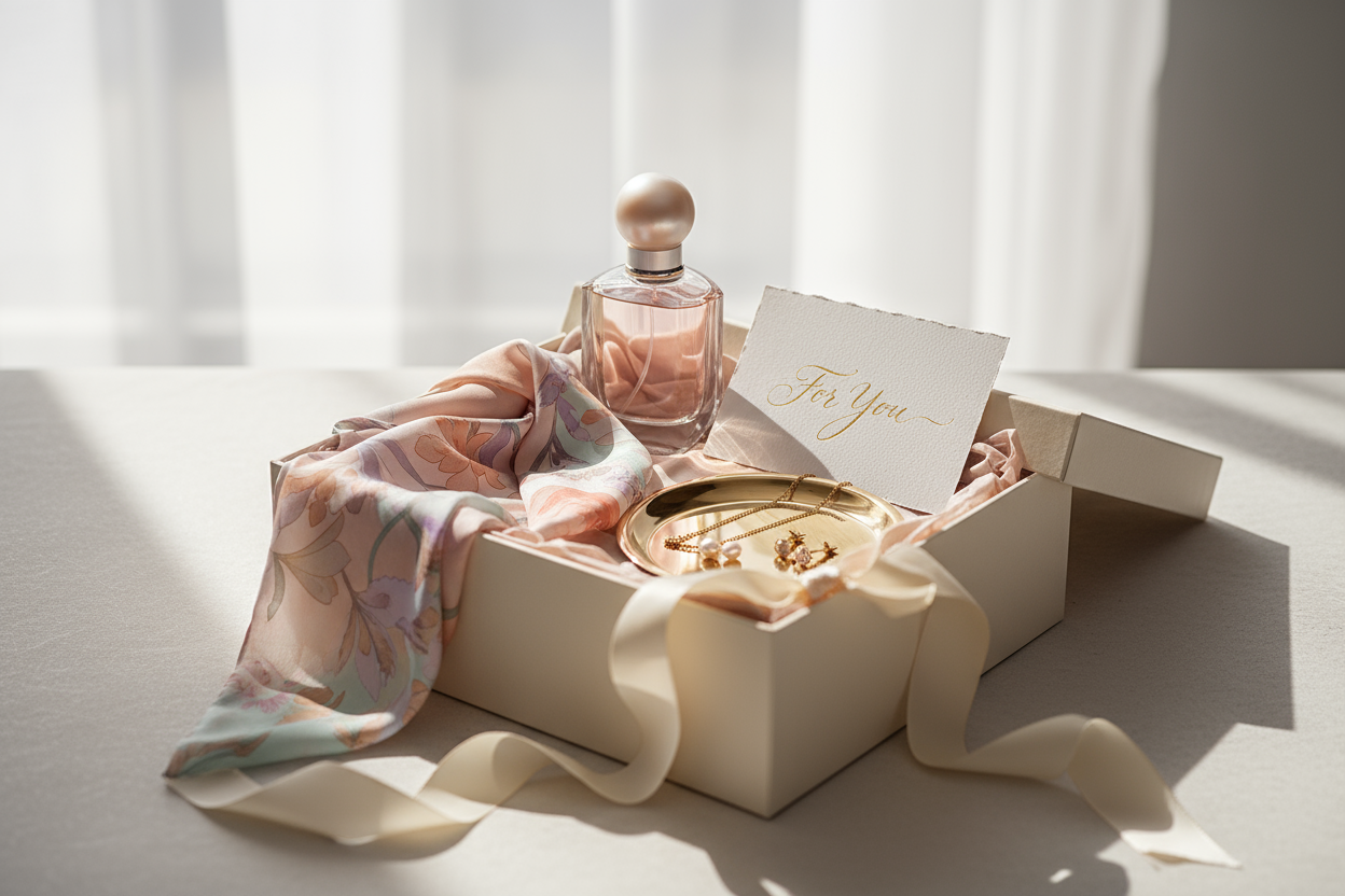 A curated arrangement of several elegant items: a perfume bottle, silk scarf, gold jewelry tray, and a calligraphy card, all placed in a cream gift box with tissue paper and ribbon. Styled like an editorial photoshoot, pastel tones, cinematic soft shadows, natural daylight, high-end product photography.