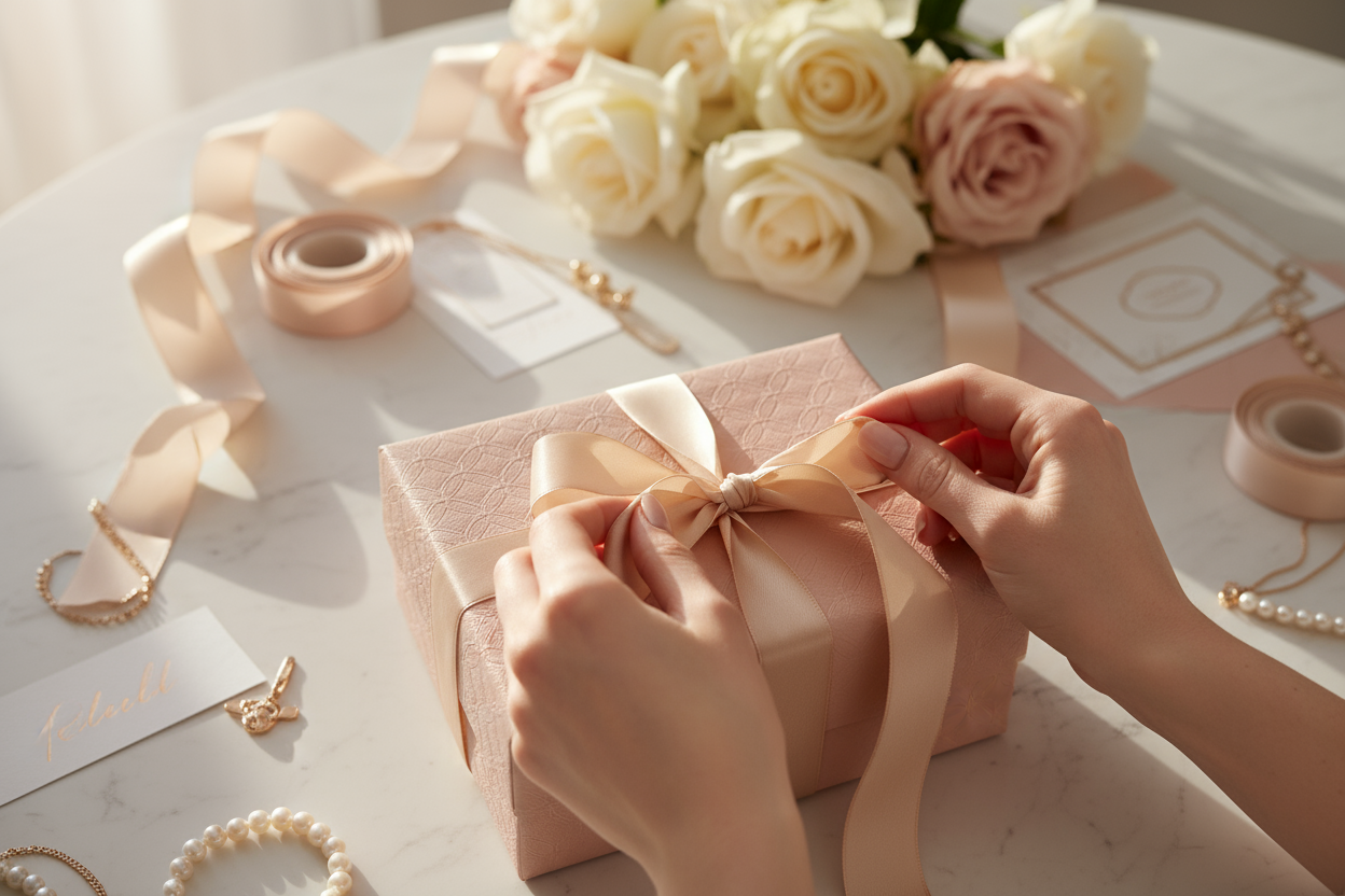 A luxury gifting scene with a woman’s hands tying a silk ribbon on a high-end gift box, soft golden morning light, blurred background of roses and packaging materials. Style: editorial minimalism, premium photography, elegant and poetic composition.