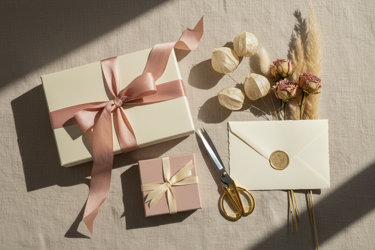 A refined flat-lay of two luxury gift boxes with silk ribbons, gold scissors, dried flowers, and a wax-sealed envelope. Neutral beige background, soft morning light, cinematic composition, modern European aesthetic, calm color palette of cream and blush.