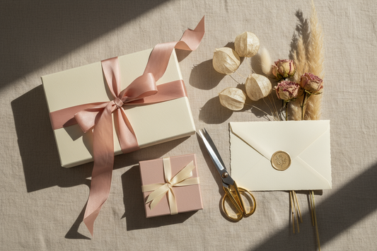 A refined flat-lay of two luxury gift boxes with silk ribbons, gold scissors, dried flowers, and a wax-sealed envelope. Neutral beige background, soft morning light, cinematic composition, modern European aesthetic, calm color palette of cream and blush.
