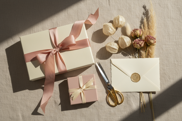 A refined flat-lay of two luxury gift boxes with silk ribbons, gold scissors, dried flowers, and a wax-sealed envelope. Neutral beige background, soft morning light, cinematic composition, modern European aesthetic, calm color palette of cream and blush.