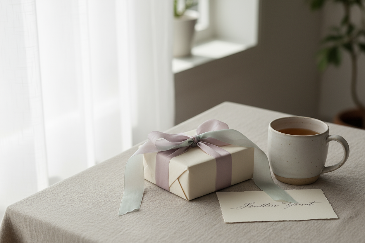 A small elegant gift box on a linen table, wrapped in soft cream paper with a pastel ribbon, beside a ceramic mug and handwritten note. Gentle natural daylight through a curtain, soft focus, calm cozy atmosphere, minimal luxury photography style, shallow depth of field.