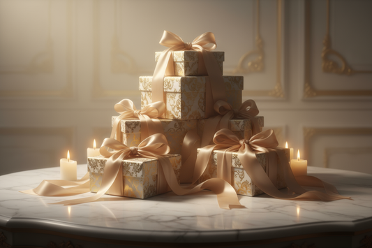 An atmospheric still life of multiple luxury gift boxes stacked elegantly with silk ribbons, golden accents, and faint candlelight reflection on a marble surface. Soft misty background, pastel gold and cream palette, cinematic lighting, art-direction inspired by luxury editorials.