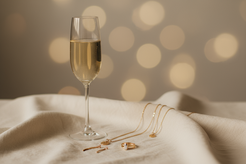 champagne glass and gold jewelry on ivory cloth, minimalist composition, cinematic bokeh, soft neutral colors