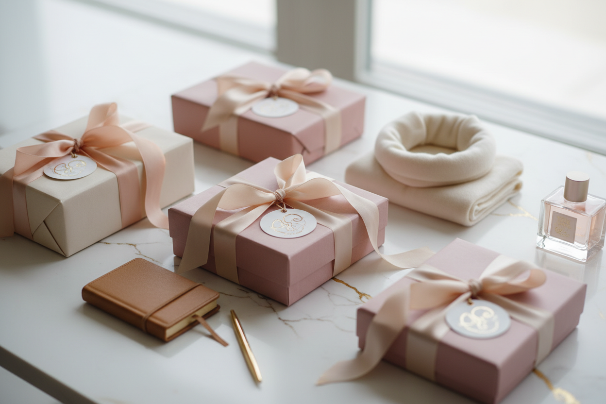 Elegant flat lay of curated luxury gifts in modern way — pastel packaging, silk ribbons, gold-embossed tags, cream and blush tones, minimal luxury background, natural daylight, cinematic soft focus, warm and poetic aesthetic