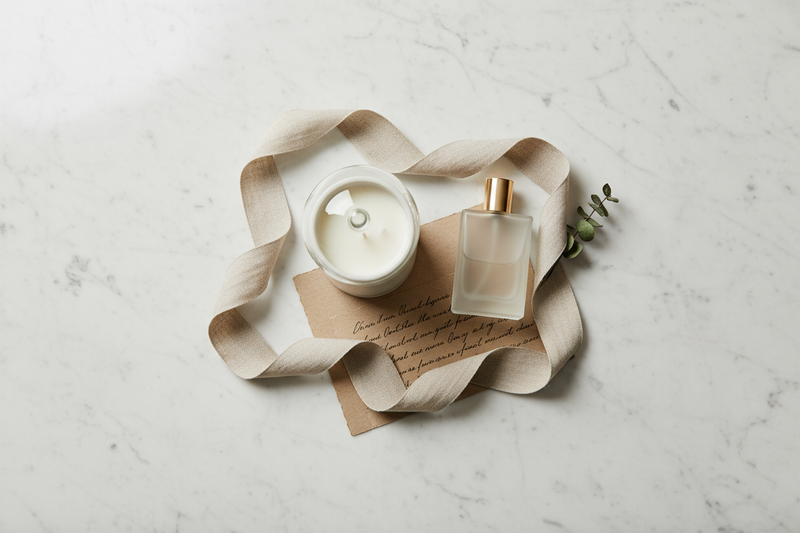 flat lay of curated gifts — candle, perfume, letter, linen ribbon — arranged on cream marble background, modern editorial style