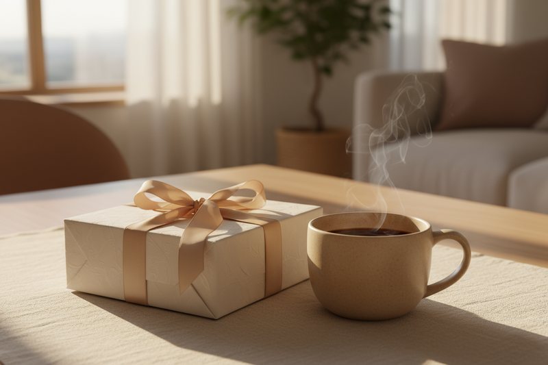 gift box beside ceramic coffee cup, morning light, modern cozy luxury, warm calm atmosphere