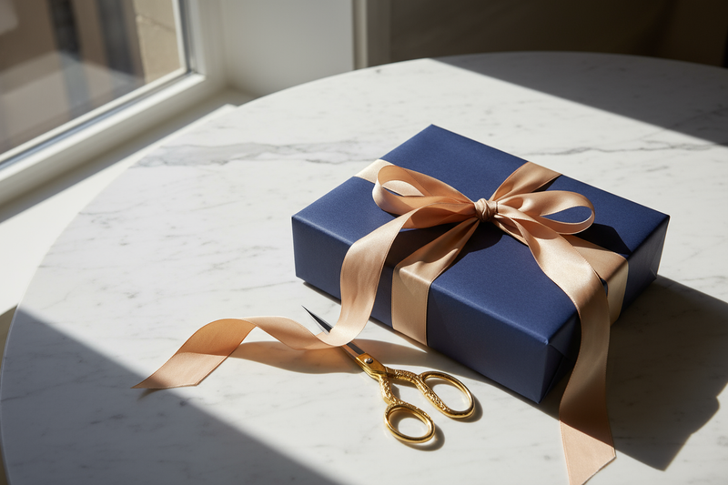 luxury gift box on marble surface, silk ribbon, gold scissors, natural light, high-end editorial photography, clean composition