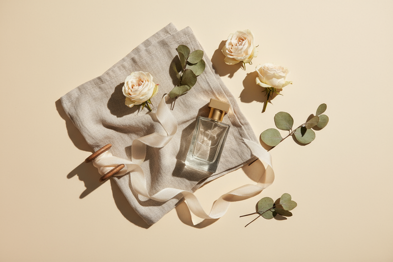 minimalist flat lay of linen fabric, perfume bottle, ribbon, flowers, warm cream background, soft shadows, modern elegance
