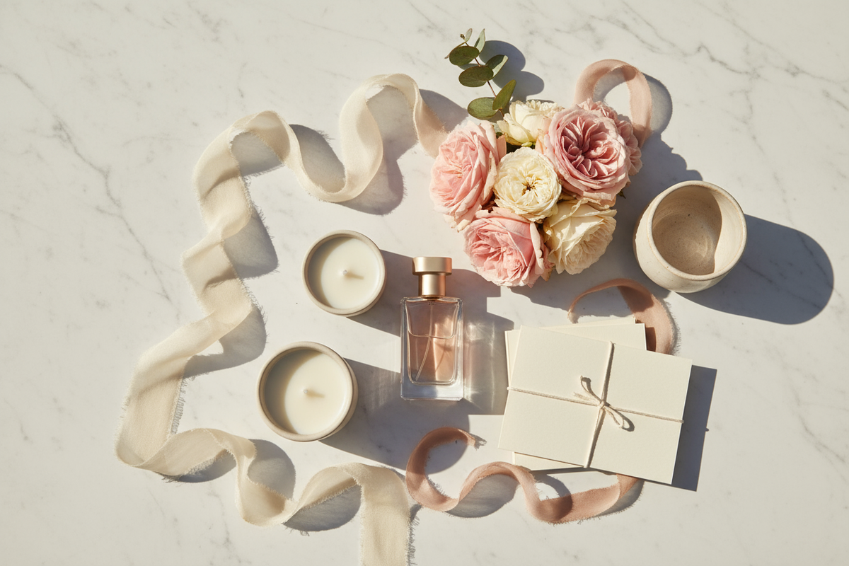 modern editorial flat lay of curated gifts, silk ribbons, candle, perfume bottle, flowers and ceramic cup on marble surface, warm natural light, pastel cream tones, tactile textures, minimalist luxury aesthetic