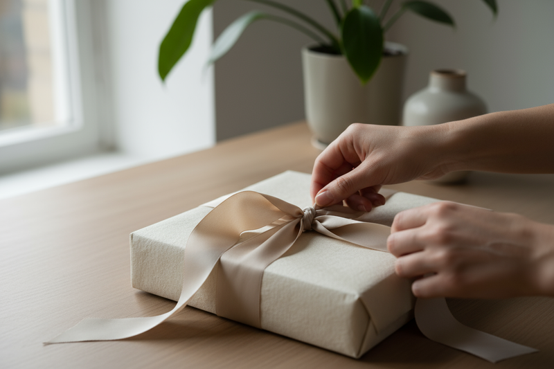 modern gift wrapping scene, beige paper, silk ribbon, natural light, hands tying bow, soft neutral tones, minimal luxury