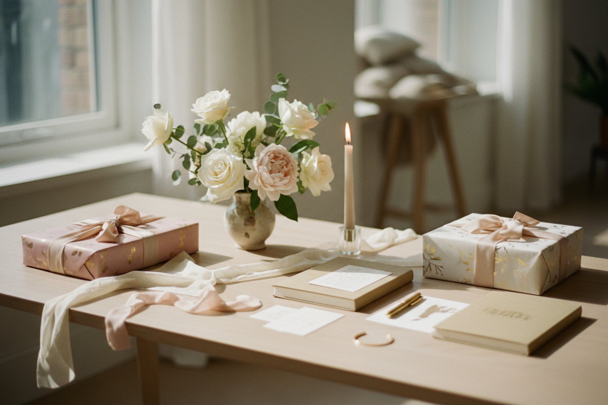 modern lifestyle portrait scene, soft daylight, warm neutral palette (cream, beige, blush, gold), elegant desk with ribbons, notebooks, gift boxes, flowers and candle, blurred background, cinematic softness, editorial composition, evokes craftsmanship and calm luxury, poetic minimalism, personal touch, serene and refined