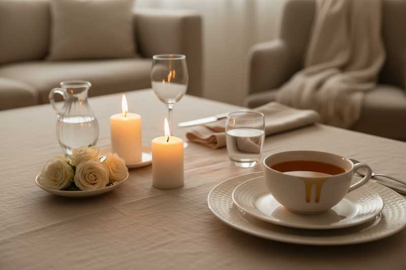 soft candlelight over linen table, amber reflection on ceramic cup, pastel cream palette, cozy luxury, cinematic softness