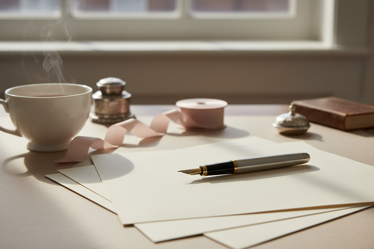 soft daylight photography, close-up of elegant writing desk, linen paper, fountain pen, silk ribbon roll, cup of tea nearby, warm neutral palette (cream, beige, blush, gold accent), cinematic natural light, calm minimal luxury, poetic composition, Coconeila gift concierge aesthetic