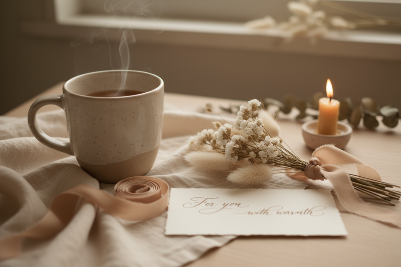 soft daylight photography, Coconeila slow-living gift aesthetic — pastel cream tones, linen, ceramic cup, candlelight, silk ribbons, dried flowers, handwritten note, cozy luxury, poetic minimalism, shallow depth of field, warm neutral palette, natural light, cinematic softness. Modern 