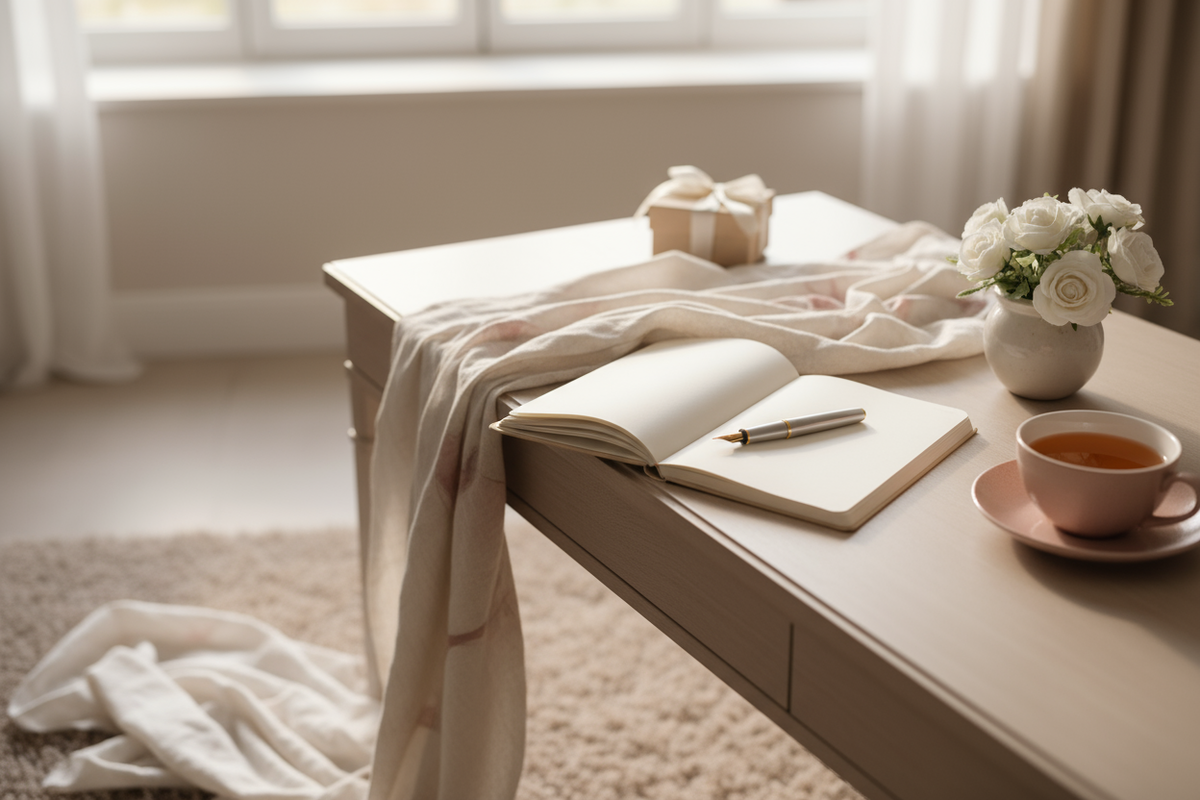 soft daylight photography, elegant writing desk, open notebook, pen and linen fabric, cup of tea nearby, calm neutral palette (cream, beige, blush), cinematic softness, luxury gift planning mood, cozy and refined